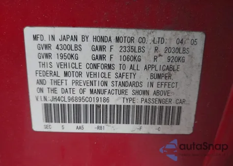 2005 Acura Tsx z USA, uszkodzony, nr VIN JH4CL96895C019186